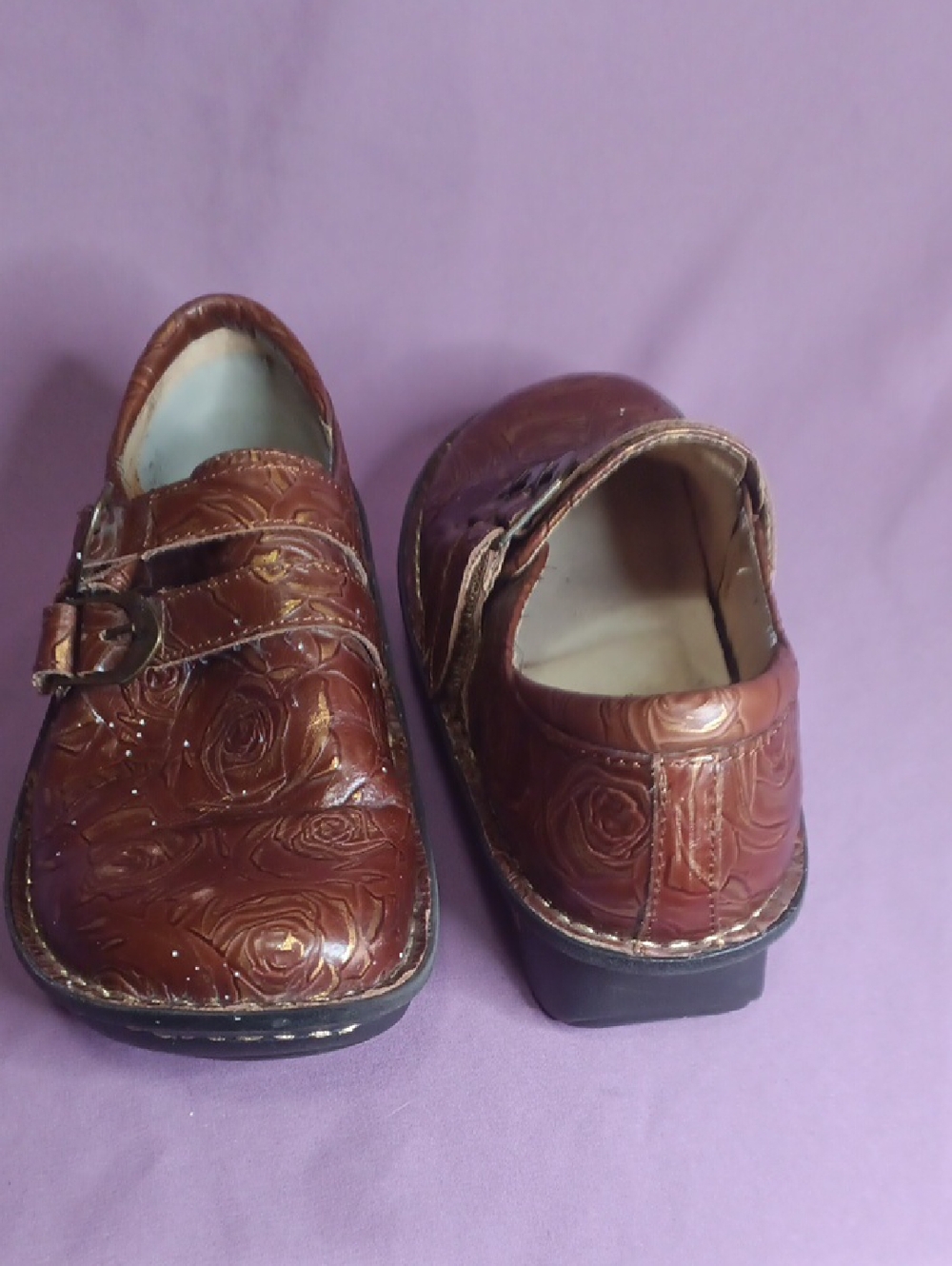 Brown Floral-Embossed Leather Mary Jane Shoes